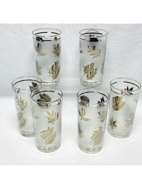 Vintage Set of 6 Libbey Golden Foliage Frosted Tumblers 12 Oz MCM Glasses